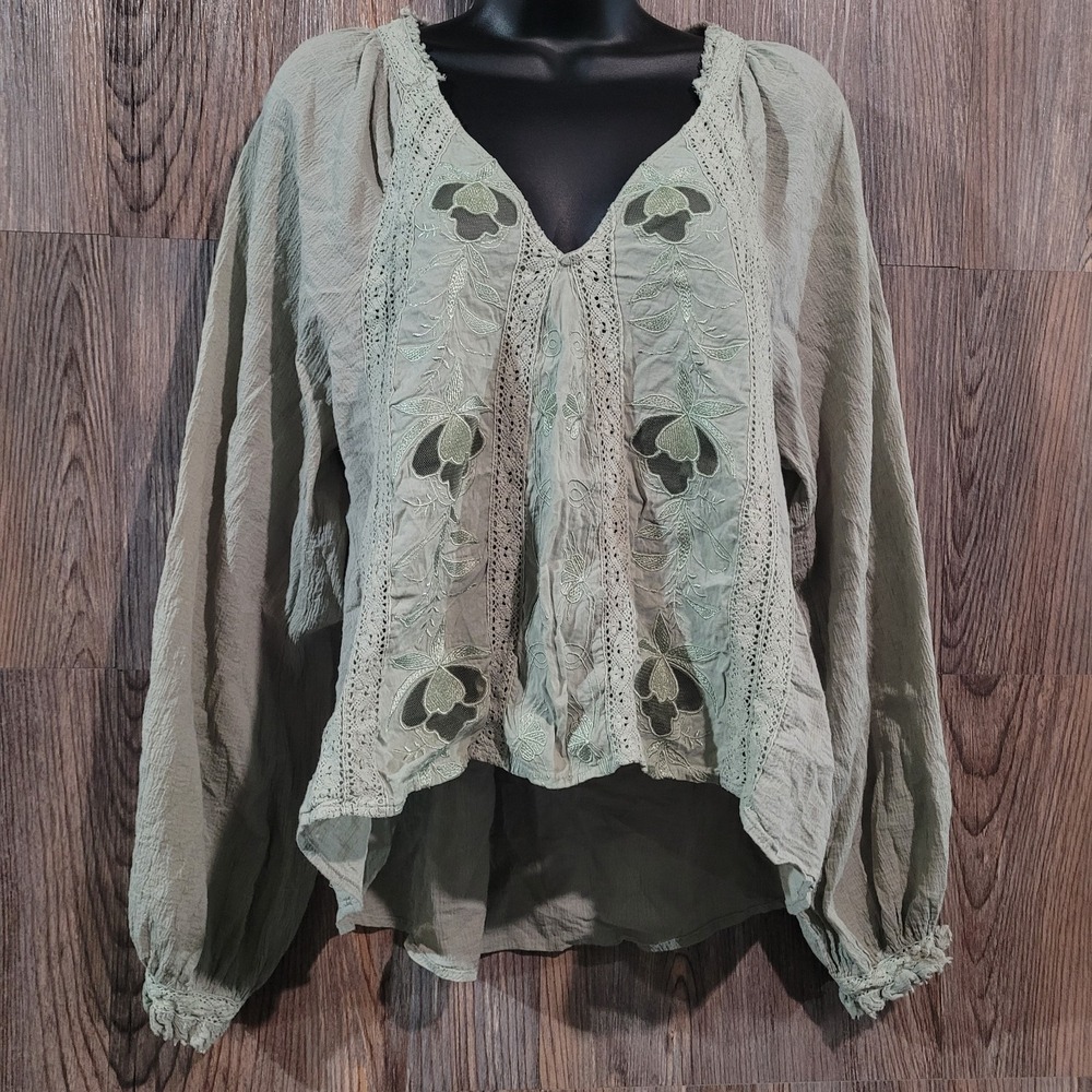 Free People Sivan Embroidered Peasant Blouse Sz M Green Spanish Moss Boho Gauzy